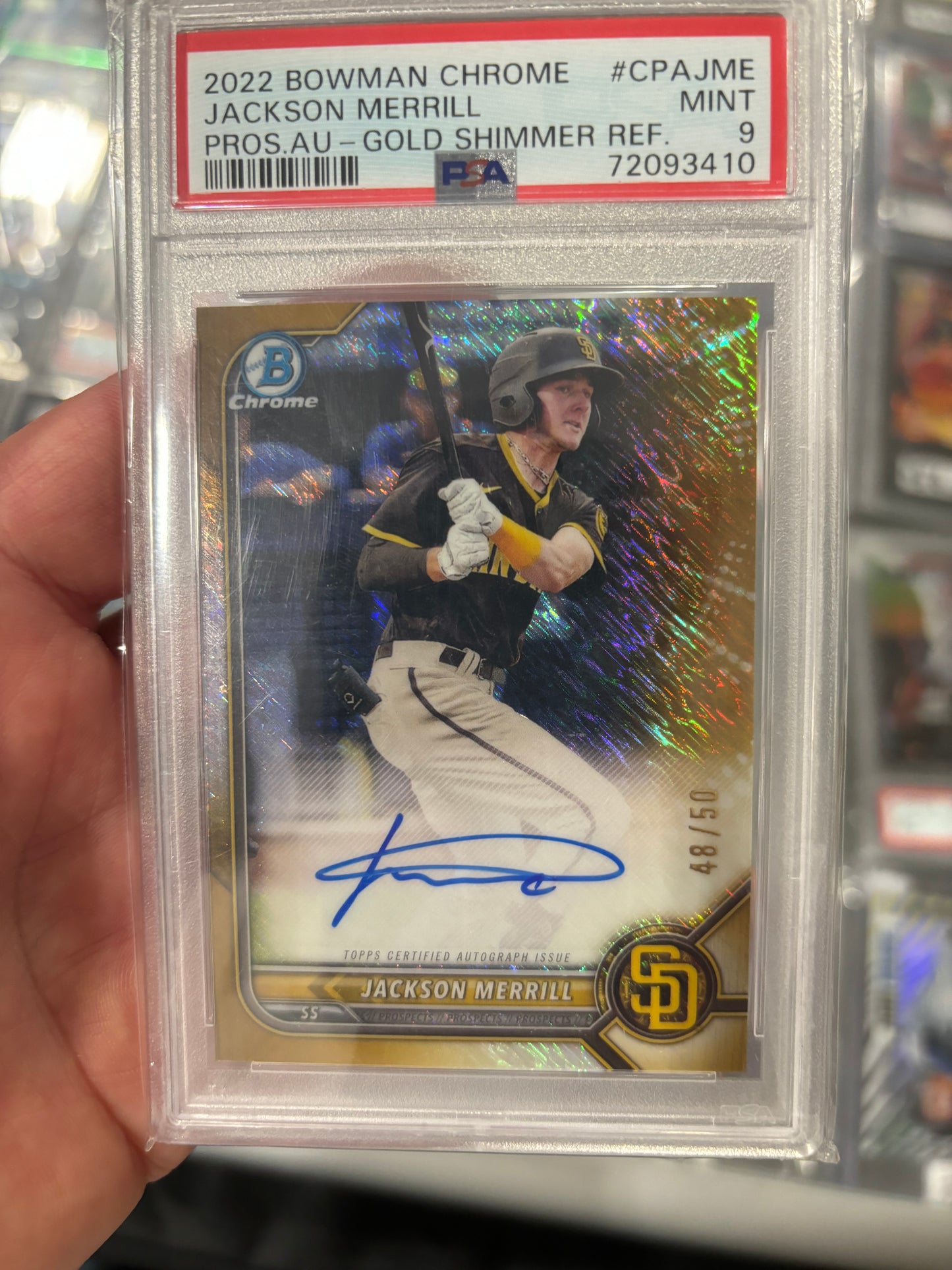 MLB- Jackson Merrill Gold Refractor Auto 48/50 2022 Bowman Chrome PSA