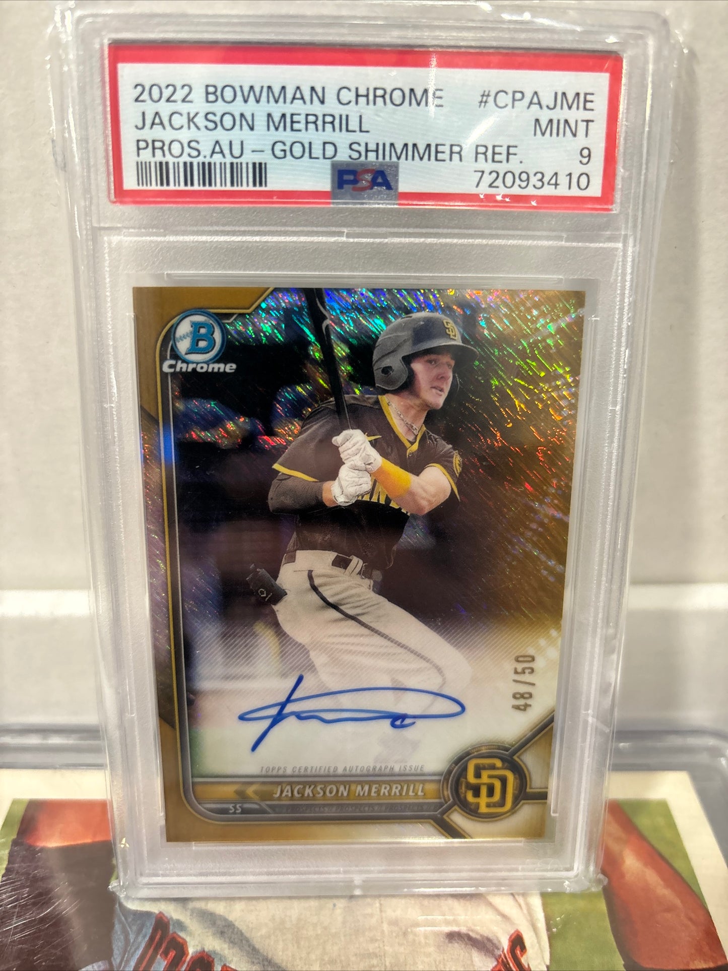 MLB- Jackson Merrill Gold Refractor Auto 48/50 2022 Bowman Chrome PSA