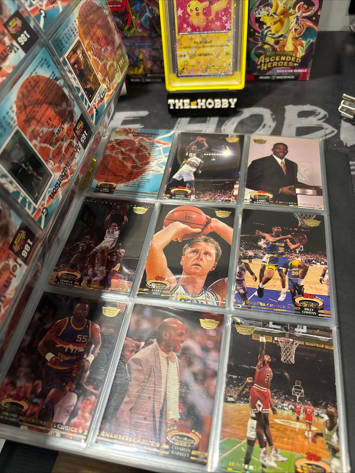 Items included
92/93 members only tops stadium club complete set with beam team graded by SGC

1987 NBA fleer sticker set grated PSA 8

1988 NBA fleer binder set with three Jordans included