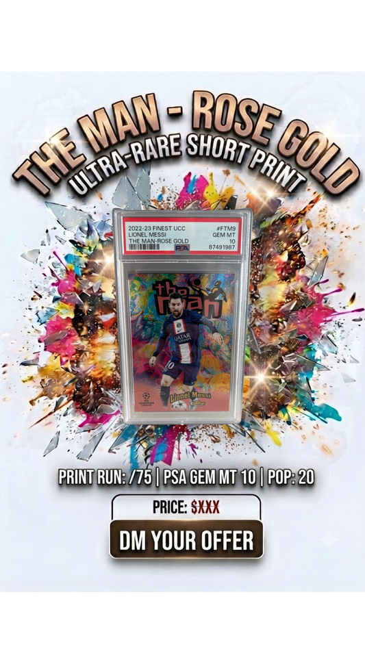 2023 Topps Finest UEFA Chrome The Man-Rose Gold Lionel Messi /75 Psa 10