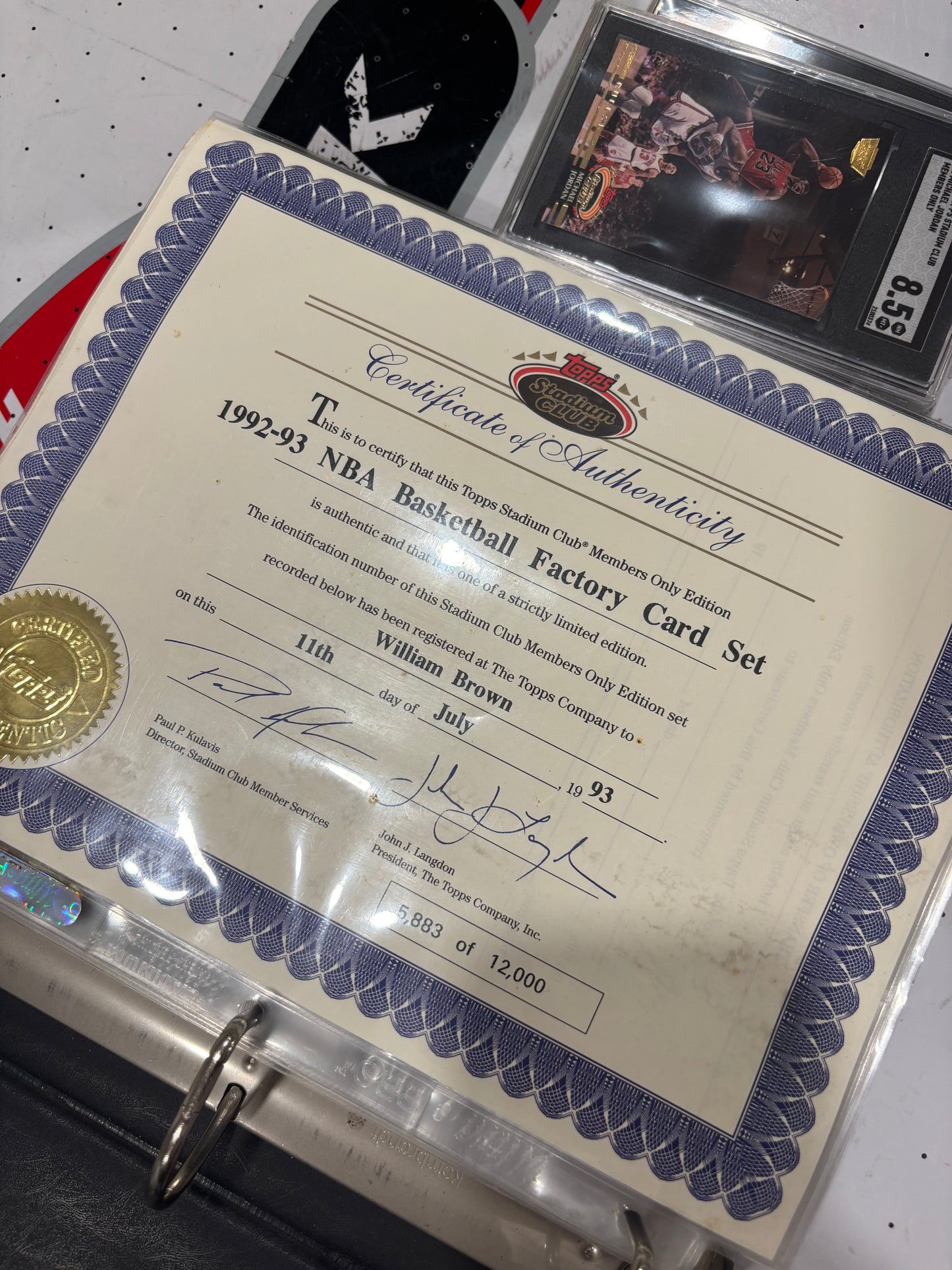 Items included
92/93 members only tops stadium club complete set with beam team graded by SGC

1987 NBA fleer sticker set grated PSA 8

1988 NBA fleer binder set with three Jordans included